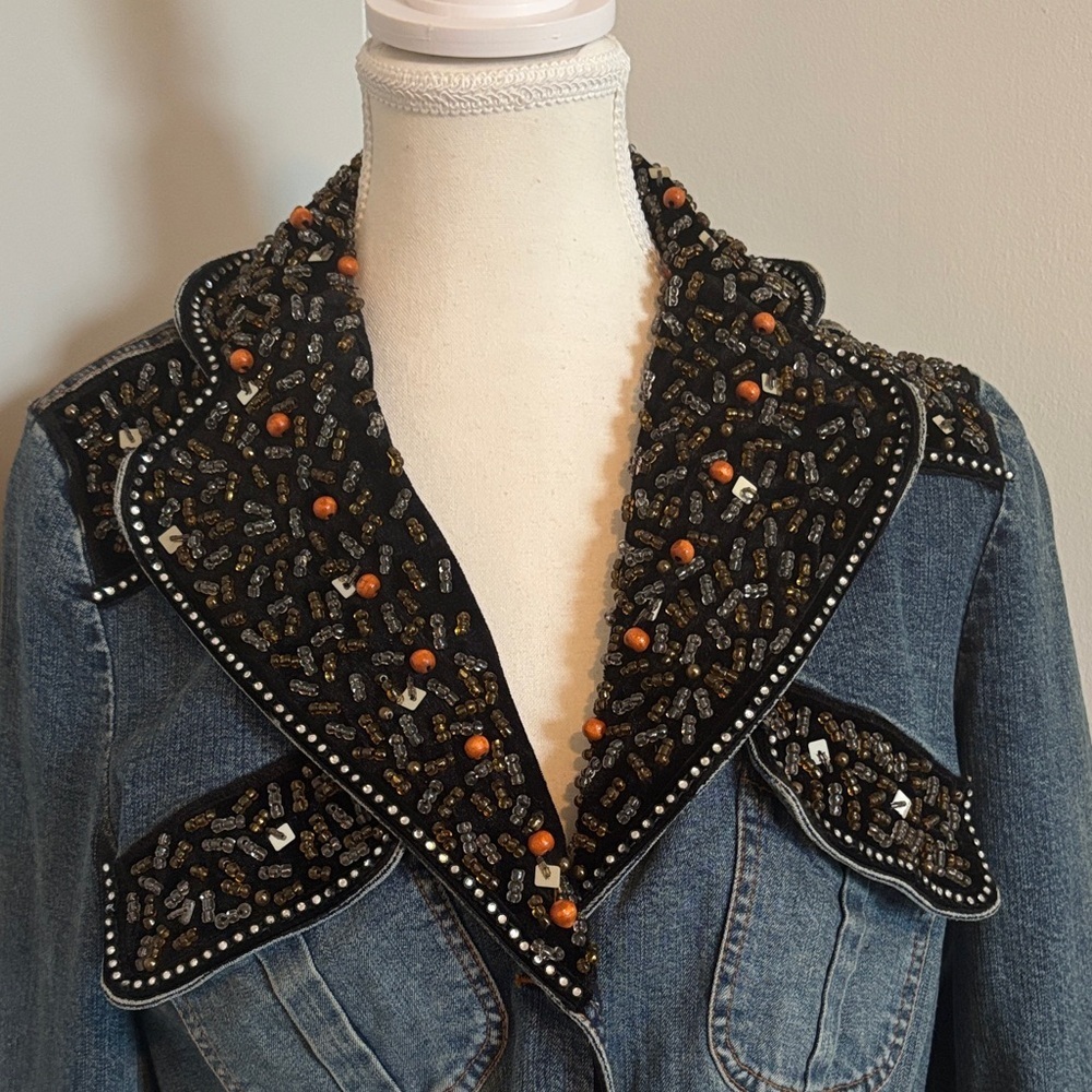 Vintage Stunning Simon Chang Medium Blue Denim Jacket with Beaded Embellishment - Picture 2 of 15